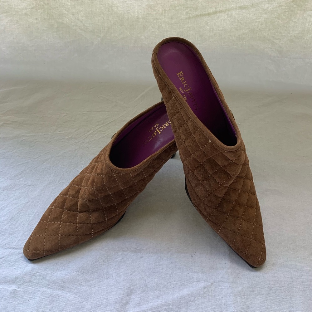 Eric Javits Brown quilted suede mules/ slides